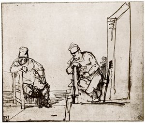Dos hombres sentados en una puerta