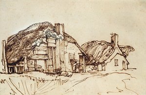 Dos Cabañas de Paja con Figuras en la Ventana de Rembrandt van Rijn