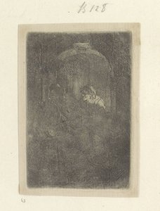 mujer, en, un, puerta, hablar, a, un, hombre, con, niños Recueil de quatre-vingt-cinq estampes originales (título de la serie) de Rembrandt van Rijn
