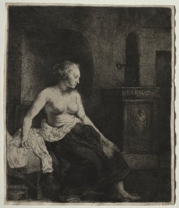 Mujer sentada medio vestida junto a una estufa de Rembrandt van Rijn
