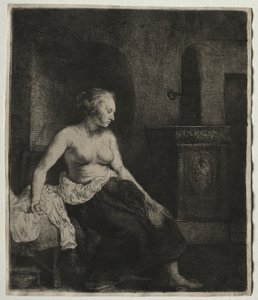 Mujer sentada medio vestida junto a una estufa, 1658 de Rembrandt van Rijn