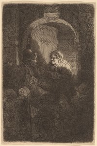 Mujer en una puerta hablando con un hombre y niños (El maestro de escuela) de Rembrandt van Rijn