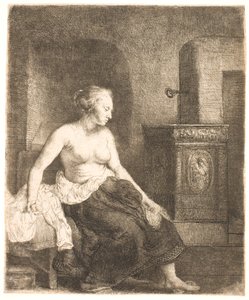 Mujer sentada medio vestida junto a una estufa de Rembrandt van Rijn