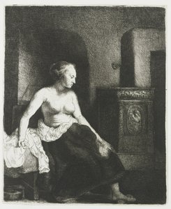 Mujer sentada a medio vestir junto a una estufa de Rembrandt van Rijn