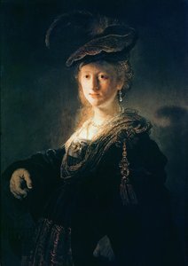 Joven mujer con disfraz de Rembrandt van Rijn