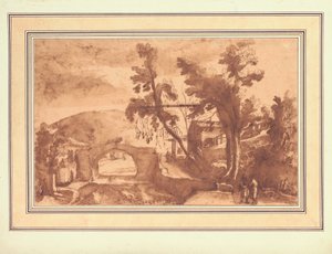 Paisaje montañoso con un puente sobre un río, figuras en un camino junto a una granja a la derecha (tinta y aguada con tiza sobre papel) de Remigio Cantagallina
