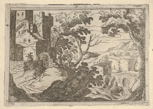 Paisaje con edificios a la izquierda y un puente a la derecha abajo, ca. 1620-50 de Remigio Cantagallina
