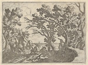 Paisaje con pescador en la orilla y observador masculino bajo los árboles, un hombre en un bote inclinándose..., ca. 1620-50 de Remigio Cantagallina