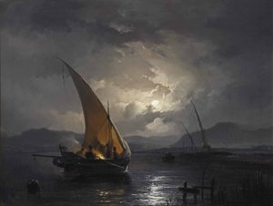 Un paisaje nocturno con un velero en el que se está encendiendo una hoguera