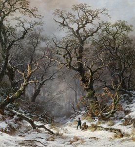 Cazadores en el bosque en invierno
