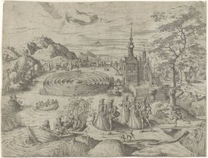Paisaje con compañía subiendo a un barco