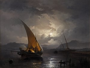 Un paisaje nocturno con un velero donde se enciende un fuego, después de 1860 de Remigius van Haanen
