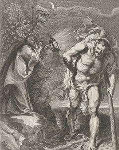 San Cristóbal llevando al niño Cristo a través de un arroyo, otro hombre sosteniendo..., ca. 1636-80 de Remoldus Eynhoudts