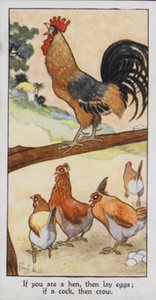 Proverbio oriental: Si eres una gallina, pon huevos; si eres un gallo, canta (litografía en color) de René Bull