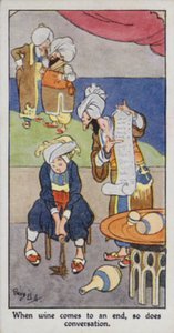 Proverbio oriental: Cuando el vino se acaba, también lo hace la conversación (litografía en color) de René Bull