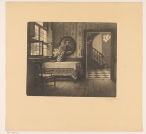 Interior con retrato, mesa y vista a un pasillo de René Janssens (signed by artist)