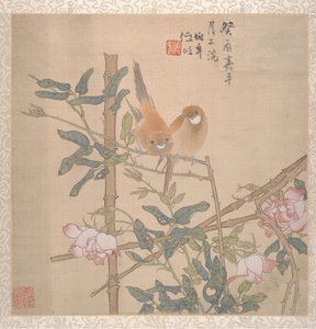 Dos pájaros posados en un rosal floreciente de Ren Yi
