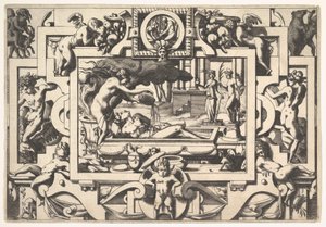 Medea vierte una poción mágica sobre Jasón Le roi Aeson tant caduque et chenu en une cuve elle..., 1563 de Rene Boyvin