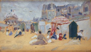 Sombrillas y casetas de baño en la playa (óleo sobre lienzo)