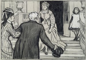 La visita, ilustración de La Jeune Fille Bien Elevee de René Boylesve (tizas en blanco y negro sobre papel)