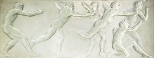 Panel figurativo de vidrio moldeado que representa seis atletas masculinos desnudos de Rene Jules Lalique