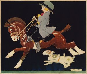 Niña montando un pony rápido, con perros siguiendo