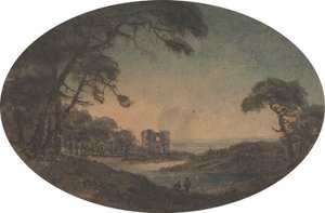Paisaje con dos hombres y las ruinas de un castillo a orillas del río de Rev. William Gilpin
