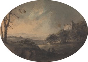 Paisaje con dos hombres en una colina y un castillo a lo lejos de Rev. William Gilpin