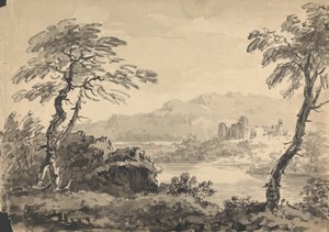 Paisaje con dos árboles y un castillo