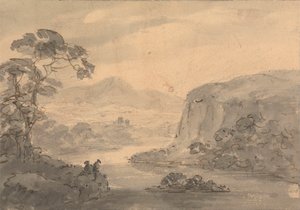 Paisaje montañoso con dos figuras mirando a un lago de Rev. William Gilpin