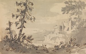 Pinos y castillo en un paisaje
