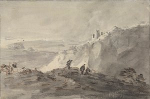 Tres figuras en un paisaje montañoso con ruinas, más allá de Rev. William Gilpin