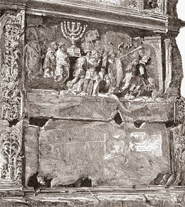 Bajorrelieve del panel sur "El botín de guerra", que muestra la procesión triunfal, en el Arco de Tito, Vía Sacra, Foro Romano, Roma, Italia. De Italian Pictures by Rev. Samuel Manning, publicado hacia 1890.