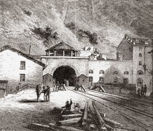 El túnel ferroviario de Fréjus, también llamado túnel de Mont Cenis, en los Alpes europeos, desde el lado italiano a finales del siglo XIX. De Italian Pictures by Rev. Samuel Manning, publicado hacia 1890. de Reverend Samuel Manning