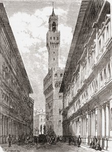 Los Uffizi, el Palazzo Vecchio y estatuas en la Piazza della Signoria, Florencia, Italia, a finales del siglo XIX. De Italian Pictures by Rev. Samuel Manning, publicado hacia 1890. de Reverend Samuel Manning