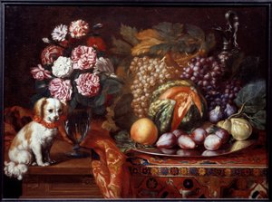 Bodegón con spaniel enano. Pintura de Renaud Levieux dit Reynaud Le Vieux (v.1625-1690)