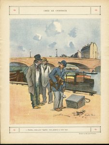 Ilustración de Ricardo Flores (1878-1918) en Le Rire, 05/10/12 - En la peluquería - París, Oficios, Urbanismo, Puente, Río - Perro, Peluquero de Ricardo Flores