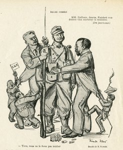 Ilustración de Ricardo Flores en Le Rire, 21/06/13 - Niños vendedores - Ejército, Servicio Militar, Socialismo - Jaurès Jean, Caillaux Joseph, Painlevé Paul de Ricardo Flores