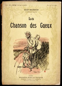 Viejo y niño pequeño, llevando nudos de viaje y zapatos envueltos en harapos, en un camino, ilustración de Ricardo Flores (fallecido en 1918), para la portada de la colección de textos y poesías titulada 