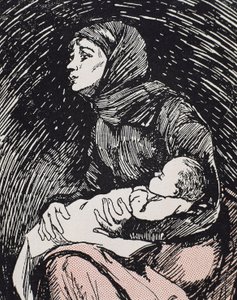 Nochebuena. 1900. Una mujer delgada con su hijo en brazos (grabado) de Ricardo Maria Navarrete