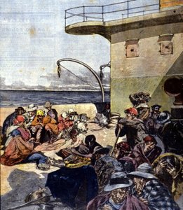 Emigración italiana a Canadá; el viaje a bordo del Lake Megantic se realizó en condiciones bastante difíciles. Ilustración de R. Pellegrini. La Domenica del corriere. 02/06/1901