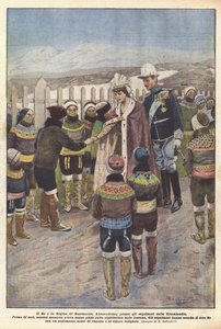 Los Reyes de Dinamarca, Alejandrina, a los esquimales de Groenlandia (litografía en color)