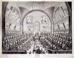El Alcalde, los Concejales y el Consejo Común en la Cámara del Consejo del Guildhall, Londres, grabado por Thomas Sutherland, publicado 1825 de Richard (after) Dighton
