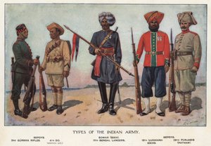 Soldados del ejército indio (litografía a color)