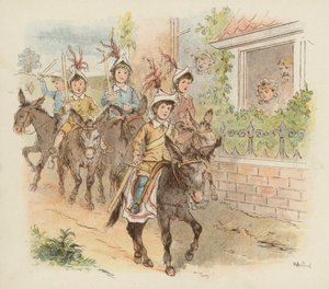 Niños en burros yendo a jugar a la guerra