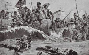 Las tropas británicas fuerzan un desembarco en la bahía de Aboukir frente a las baterías francesas (litografía) de Richard Caton II (after) Woodville