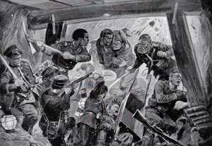 La guerra ruso-japonesa: una lucha cuerpo a cuerpo en las fortificaciones de Port Arthur, ilustración de 