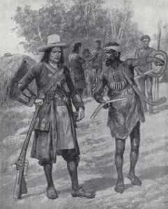 William Dampier con un hombre indígena durante su exploración de Australia, finales del siglo XVII