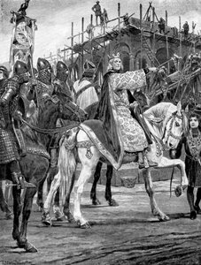 Eduardo el Confesor observando la construcción de la Abadía de Westminster, c1050, c1920 de Richard Caton II Woodville