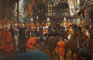 La Reina Victoria nombrando caballero a Herbert Ashman, Esq., Primer Alcalde de Bristol, en la Casa del Consejo, 12 de noviembre